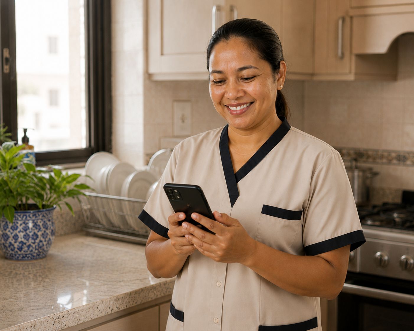 A domestic worker checking her day's tasks in the Khidma app